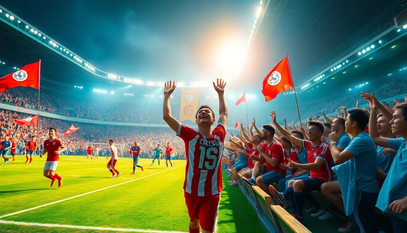 Experience the excitement of OKWINTV trực tiếp bóng đá with vibrant fans celebrating in a stadium during a live match.