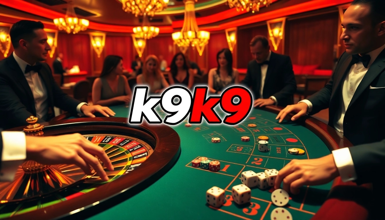 Exciting k9k9 casino scene with players betting at a roulette and blackjack table.