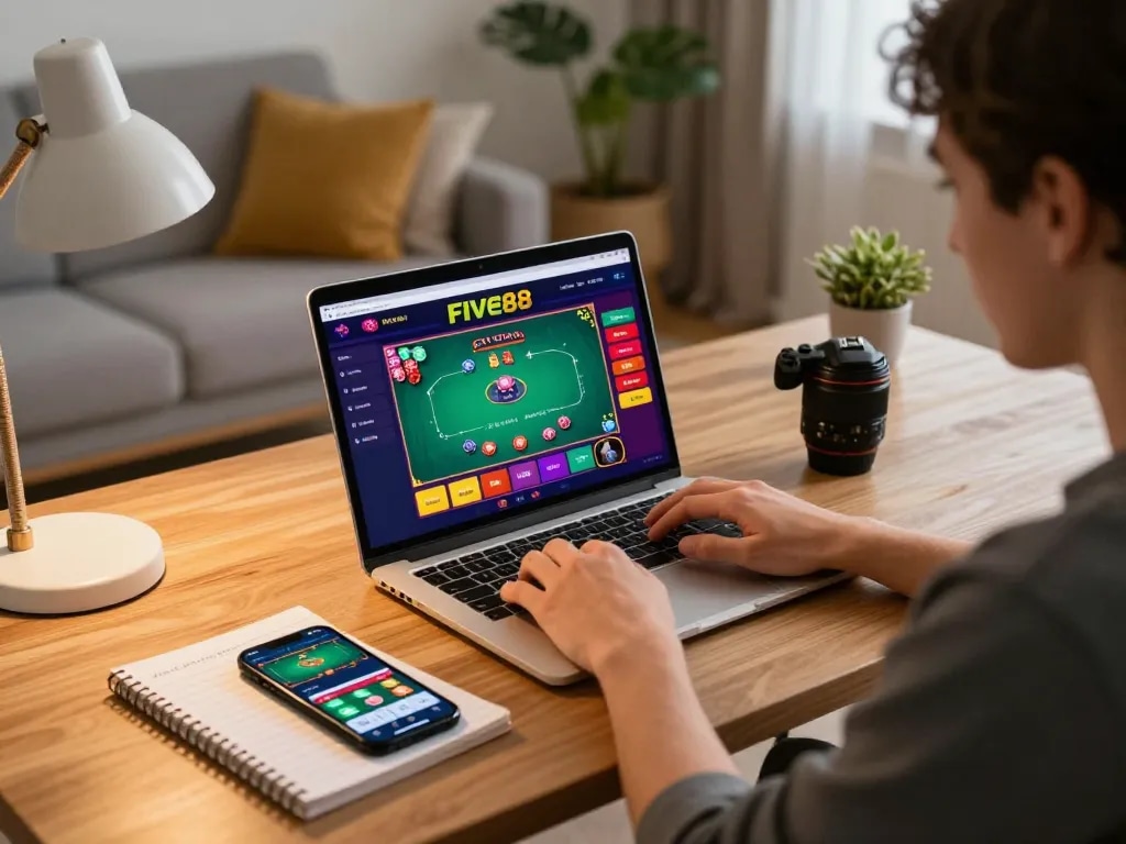 Person engaged in online gaming at Five88 casino, displaying an interactive poker interface on their laptop at home.