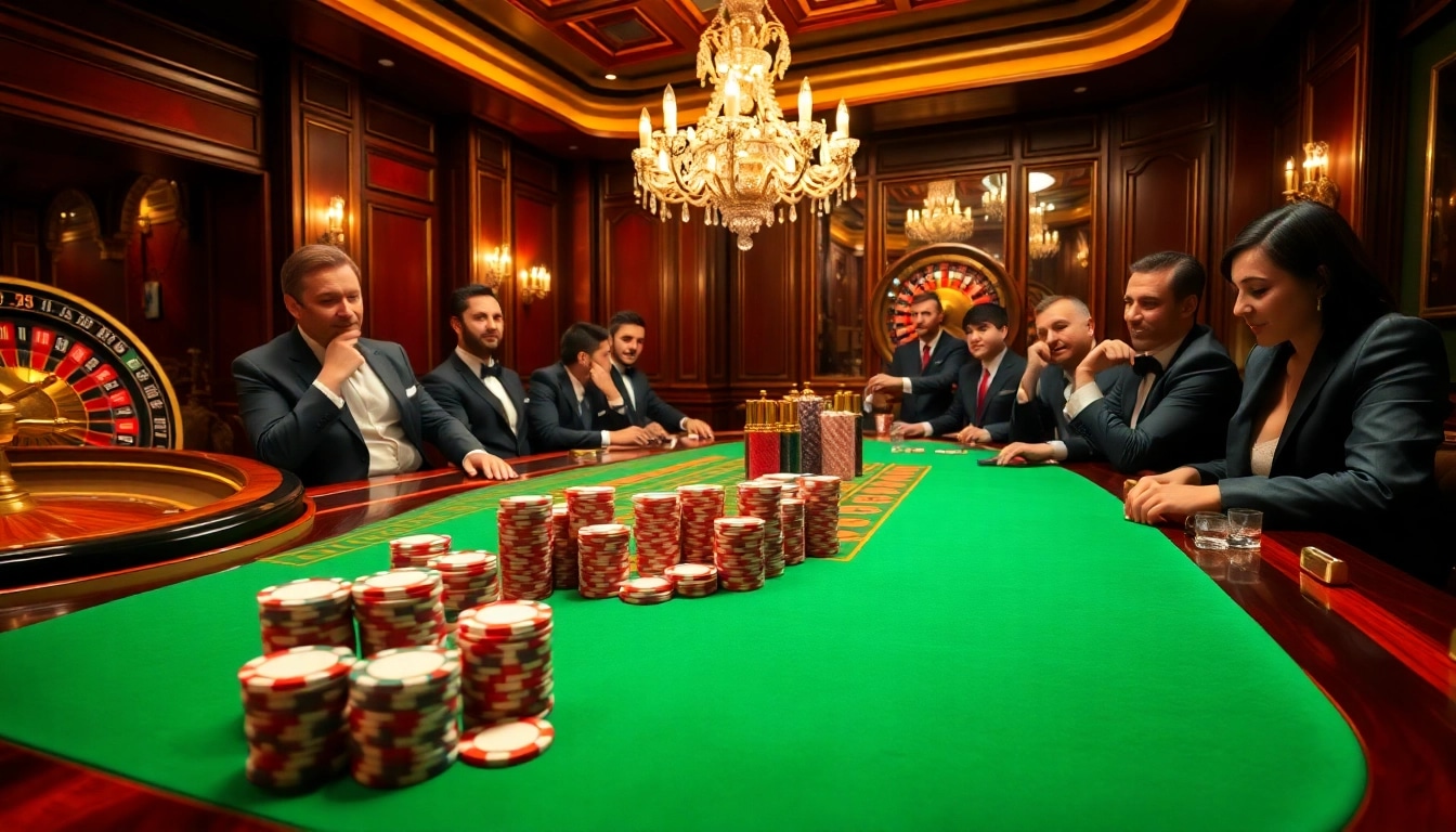 Players enjoying a thrilling game at a casino table with CM88 chips, showcasing luxury and excitement.