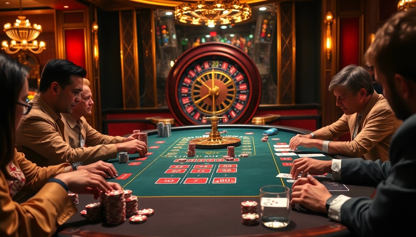 GO88 poker players engaged at a high-stakes table in an elegant casino setting.