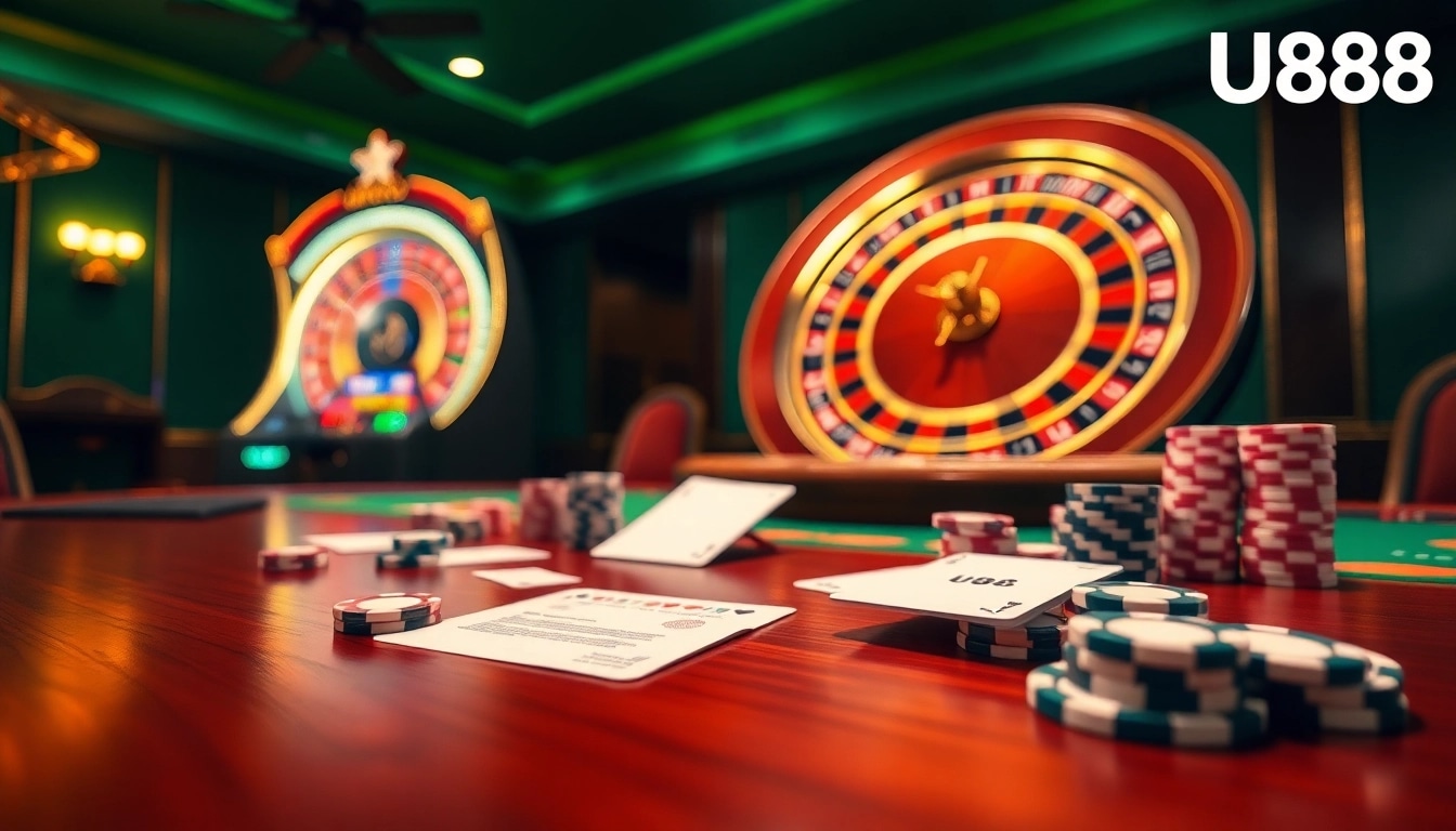 Experience thrilling gaming action at U888, showcasing luxury casino tables, vibrant chips, and exciting roulette.