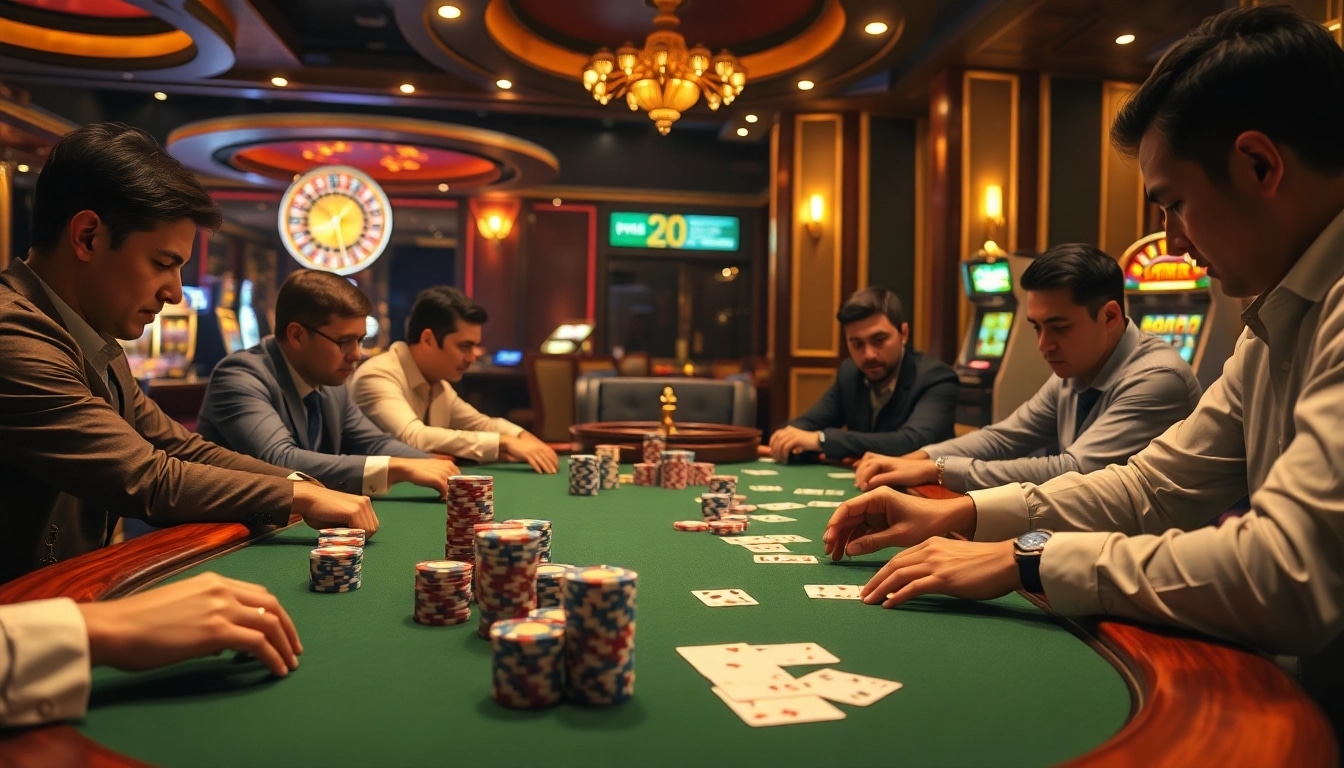 Players strategizing a poker game with RR88 poker chips on the table, capturing the gaming excitement.