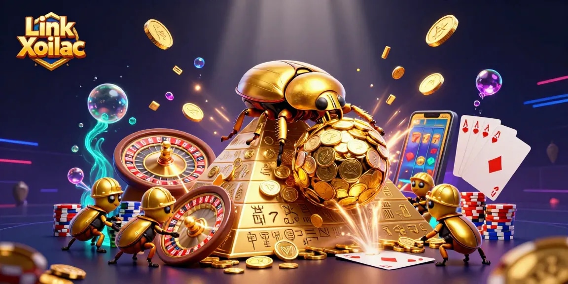 Spin the excitement with Link Xoilac featuring vibrant 3D casino elements and golden treasures