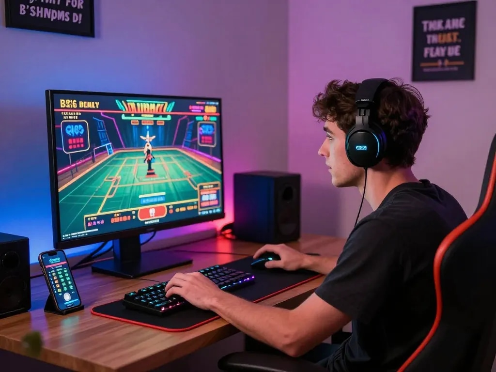 Player enjoying an engaging 8KBET online gaming experience with vibrant accessories and lively atmosphere.