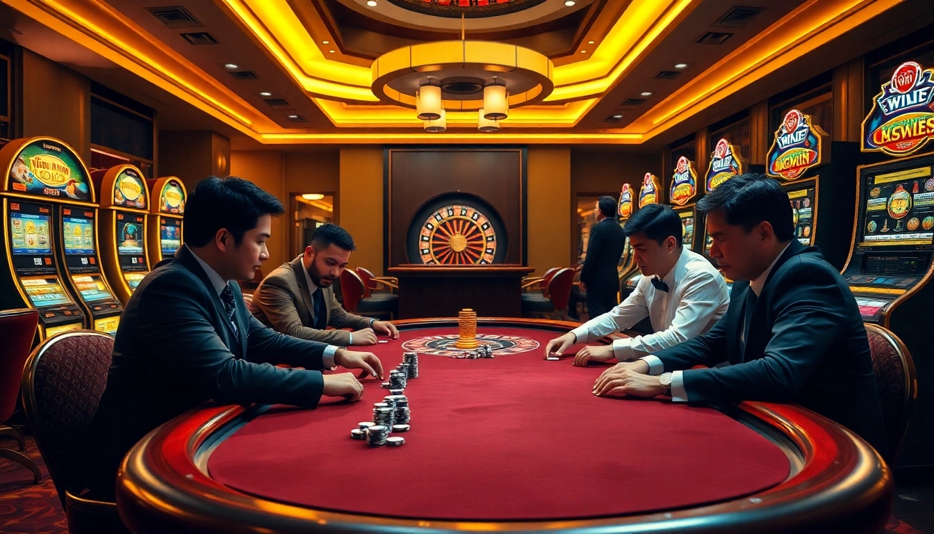 Engaging players at a poker table emphasize the thrill of game đánh bài đổi thưởng in a luxurious casino setting.