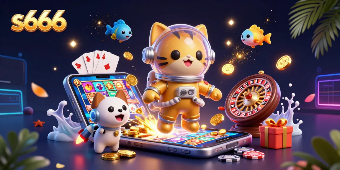Join the fun at s666 with a colorful slot game illustration featuring a space cat and robot dog!