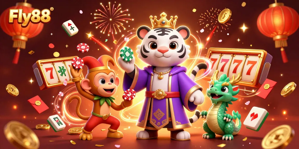 Experience the vibrant and engaging Fly88 online casino atmosphere with a thrilling 3D illustration of characters and game elements.