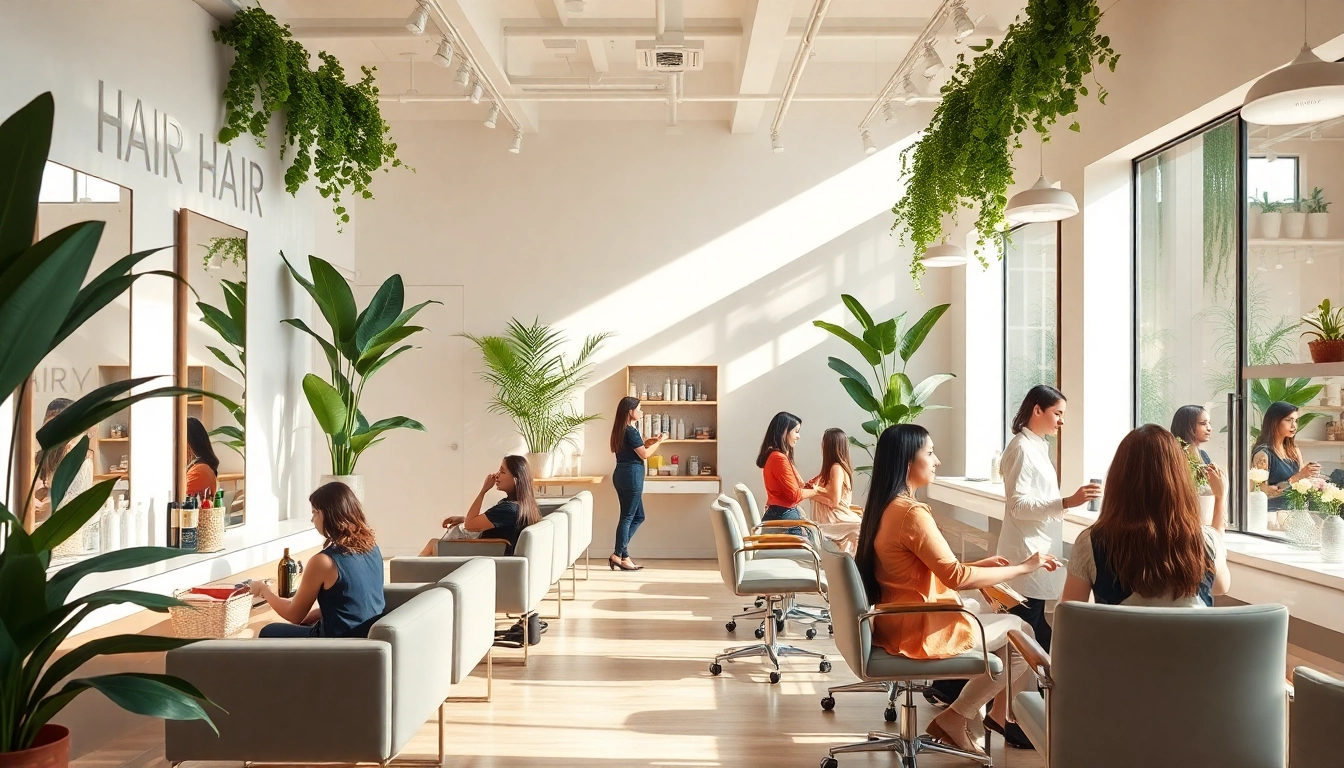 A luxurious hair salon in San Diego showcasing diverse clients enjoying haircuts and services in a stylish environment.