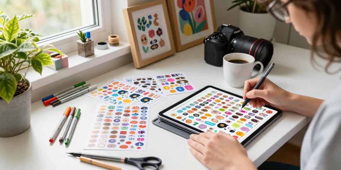 Designing a reusable sticker book layout with colorful stickers and art supplies on a cozy workspace