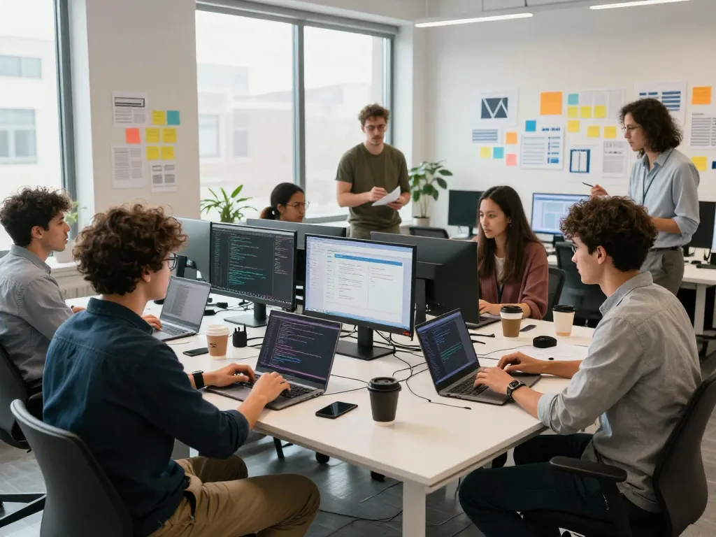 Developers collaborating on hbet software project in modern office