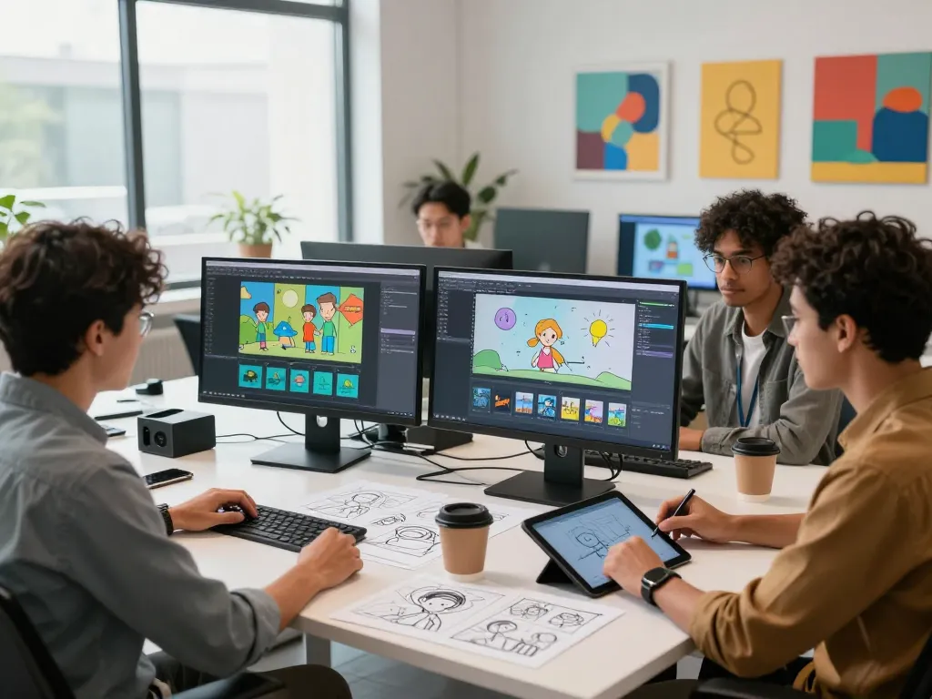 Mind control in animation studio, team collaborating on dynamic motion graphics project with high-end technology.