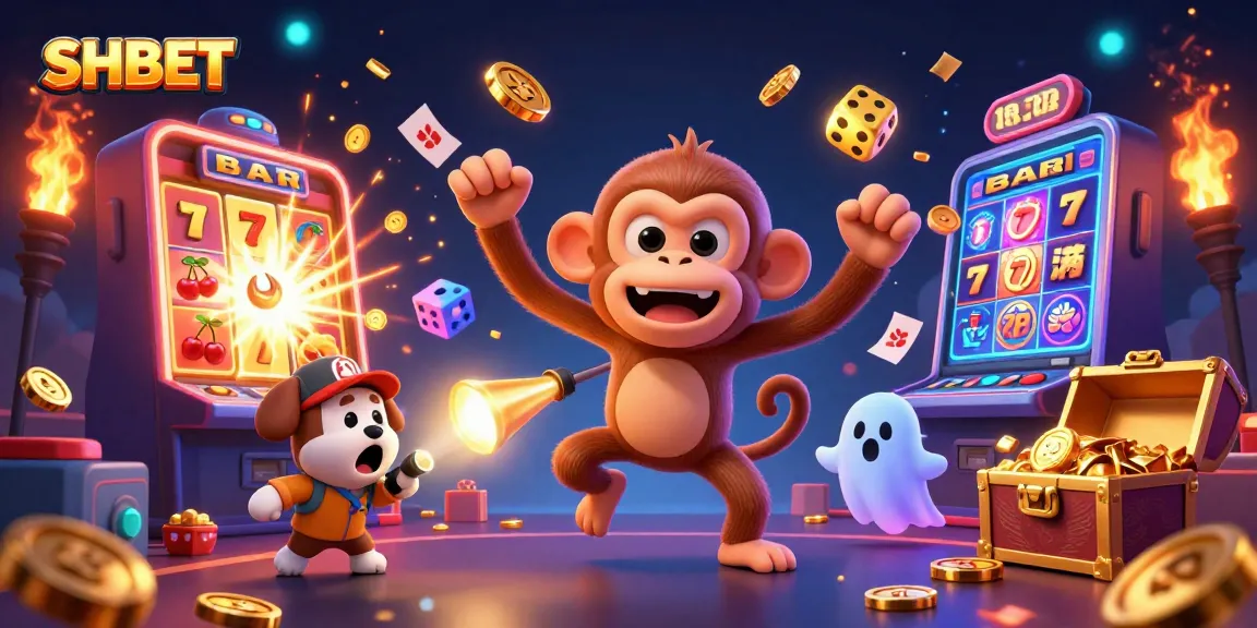 Experience the thrill of SHBET with a lively 3D casino scene featuring a mischievous ghost monkey and a brave puppy.