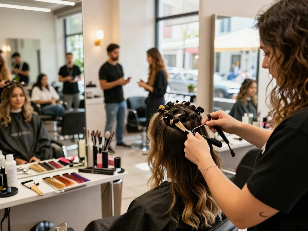 Salon quality sew in weft application in a modern beauty salon with vibrant atmosphere.