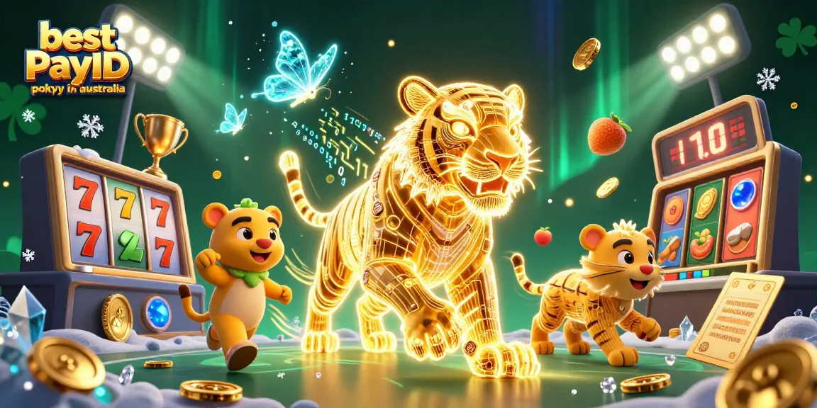 Experience the thrill with the best PayID pokies in Australia in this vibrant 3D casino scene.