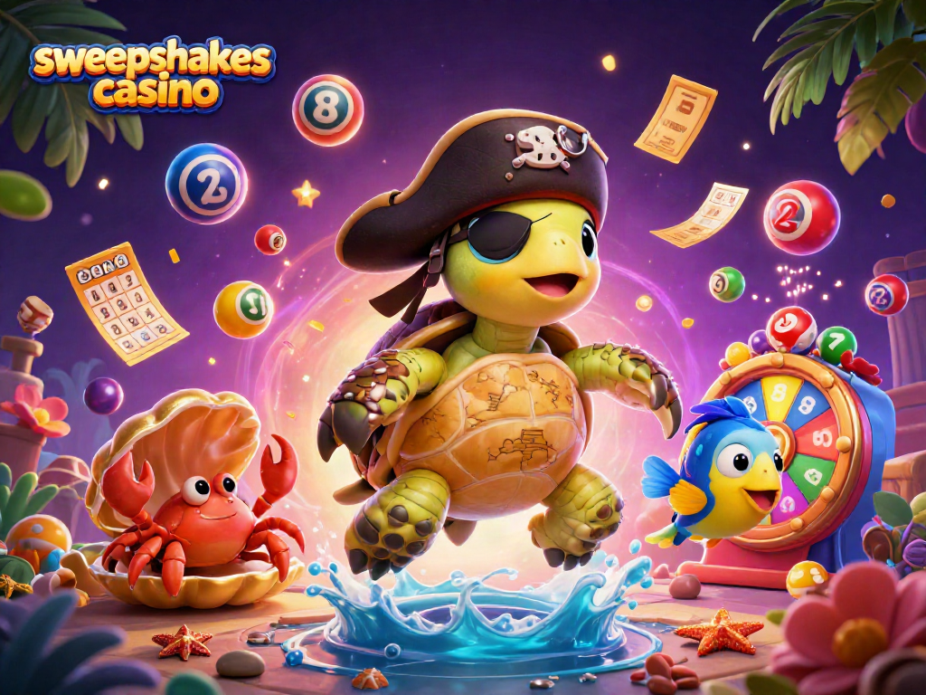 Engage in sweepstakes casino excitement with a vibrant, playful scene of lottery elements.