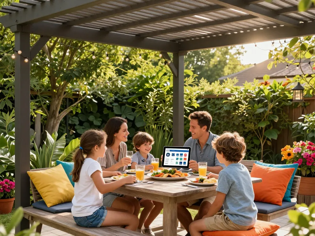 Family enjoying outdoor dining under a stylish pergola while using a pergola configurator on a tablet.
