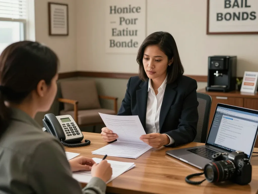 Bail Bonds agent assisting a client in a welcoming office, showcasing understanding and professionalism.