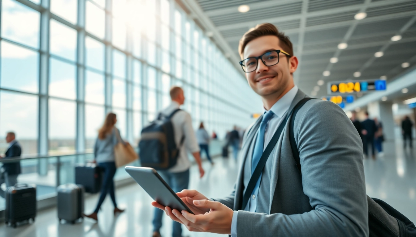 Engaging scene of a traveler using a device for the uk eta online application at an airport.