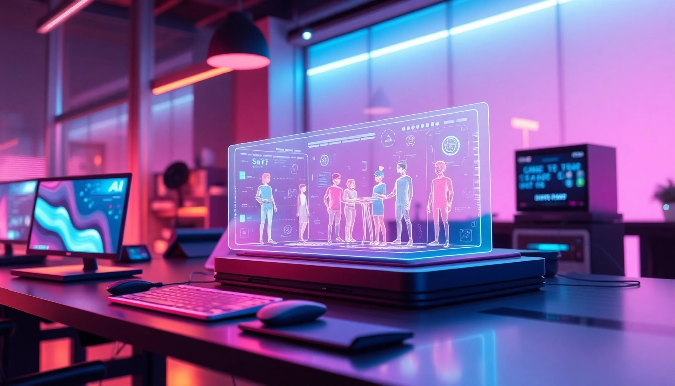 Engaging Crushon AI interface in a modern workspace with interactive holographic characters.