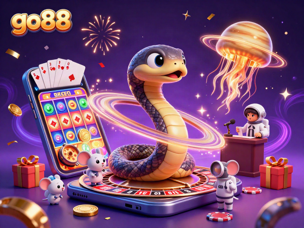 Experience go88 excitement with mice betting and a cosmic jellyfish dealer in a colorful casino scene.