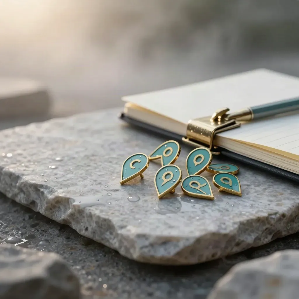 Brass map pins and teal waypoint markers beside a clasped notebook on damp stone