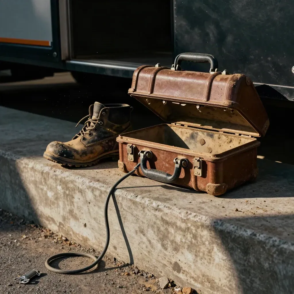 Mud-speckled hard case, coiled radio cord, and steel boot toe on a concrete loading step.