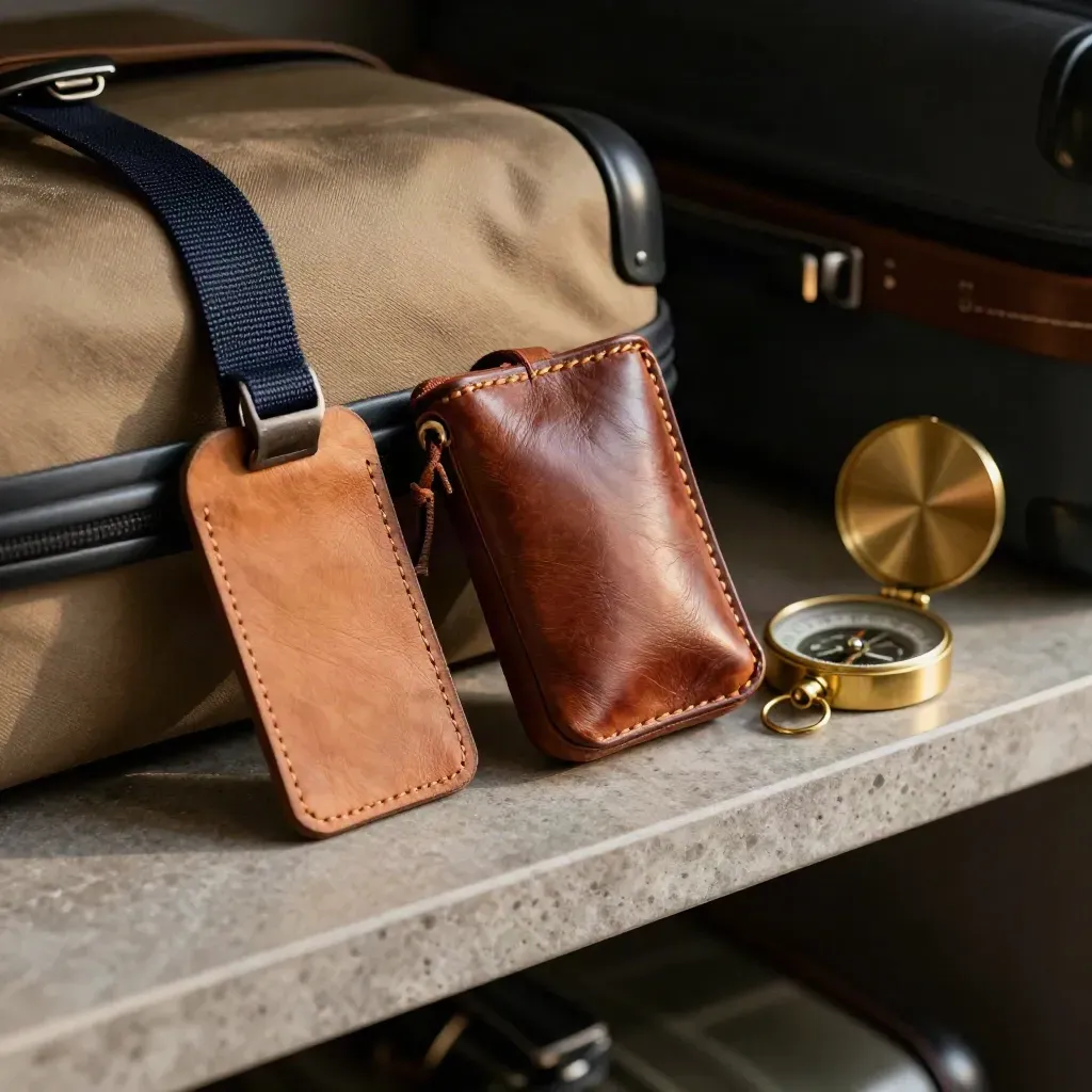 Macro still life of travel gear: leather pouch, luggage strap, and compact compass.