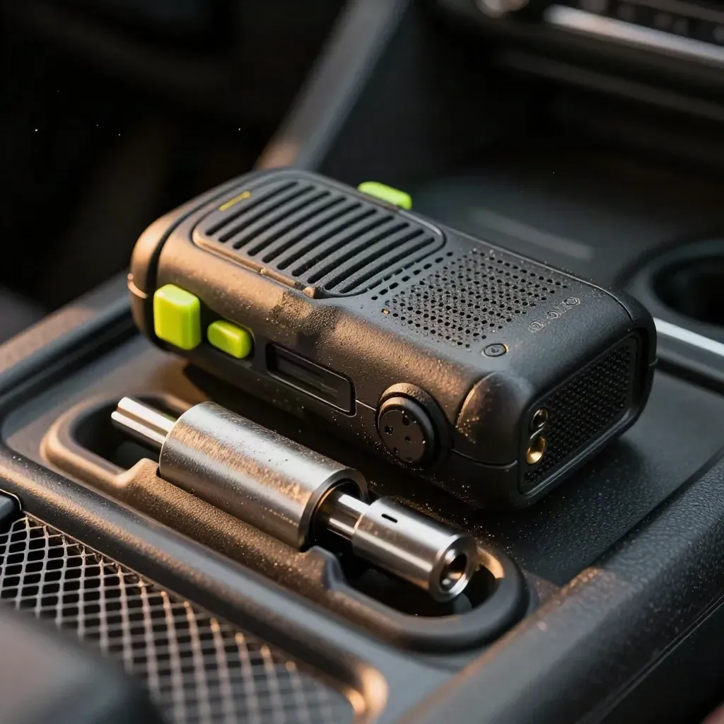 Field radio, cradle, and belt clip in a truck tray with mesh foreground and warm light.