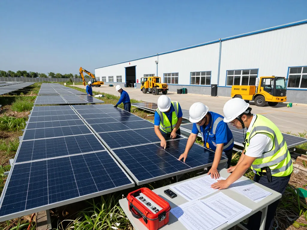 Team inspecting solar panels showcasing rezistență PID la panouri fotovoltaice in a sustainable energy project.