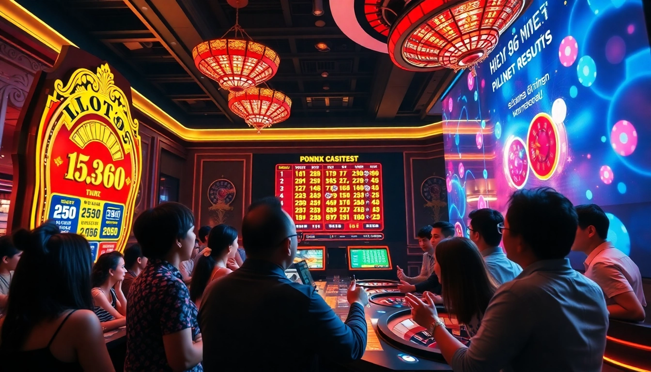 Kết quả xổ số announcement in a vibrant casino atmosphere, featuring excited players and dynamic visuals.