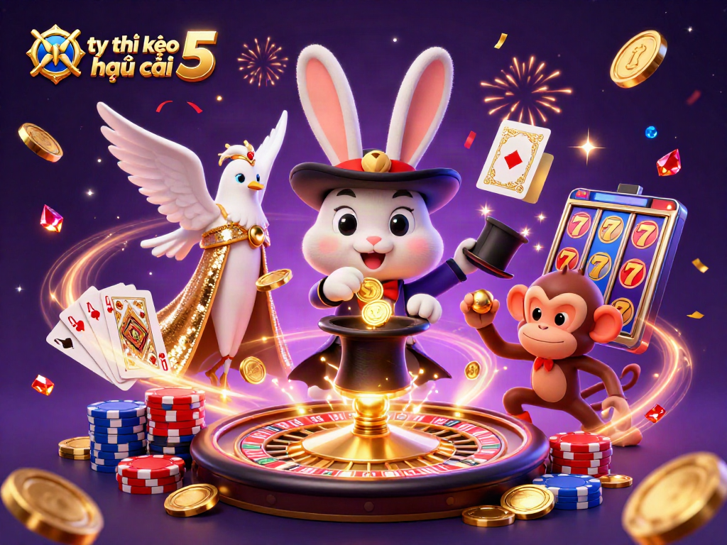 Engaging illustration of tỷ lệ kèo nhà cái 5 showcasing a magician rabbit with poker chips and gold coins.