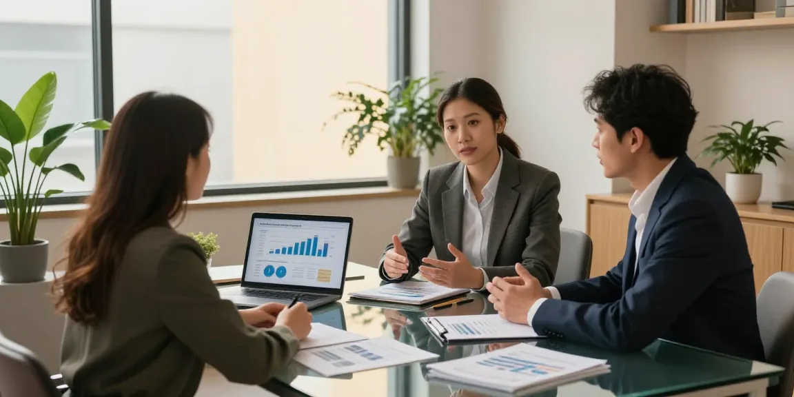Engaging financial advisor near me meeting with clients in a modern office setting.