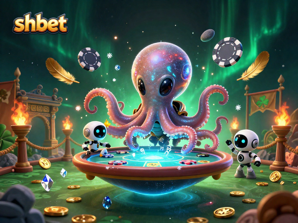 Engage in exciting poker action with shbet's vibrant alien octopus and robot companions.