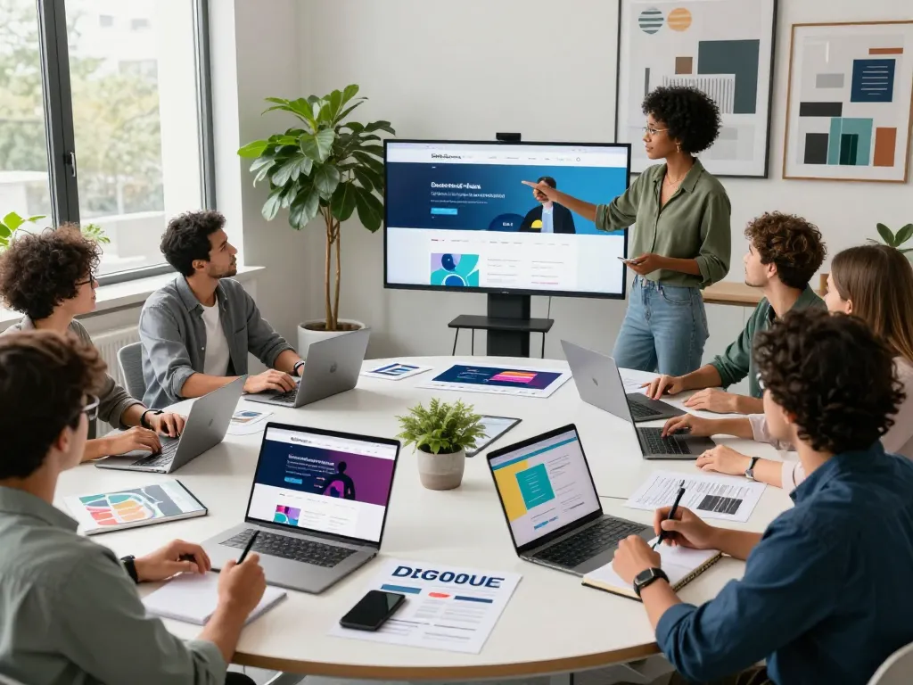 Collaboration in a vibrant web design agency showcasing team creativity.