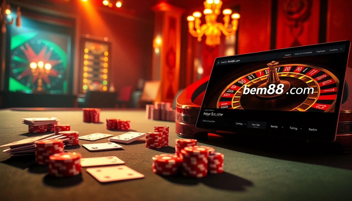 A vibrant casino scene with poker chips and cards featuring https://bem88.com depicting excitement and luxury in gambling.