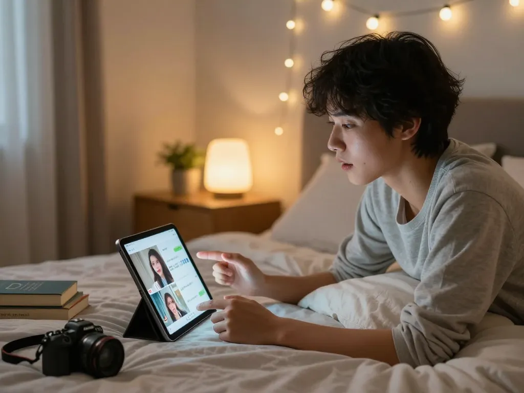 Engaging interaction with an AI slut companion on a tablet in a cozy bedroom setting.