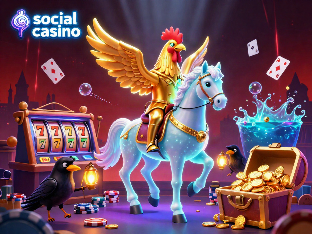 Experience the magical scene of a social casino with a golden rooster and spooky companions in a vibrant casino.
