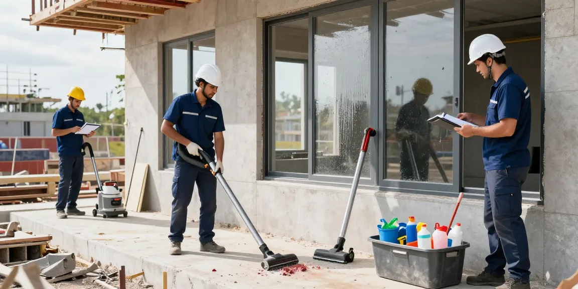Expert construction cleaning team efficiently managing bauendreinigung preis with professional tools and teamwork.