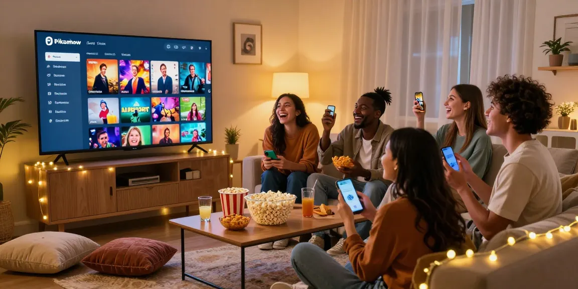 Pikashow app experience with friends streaming movies in a cozy living room setting