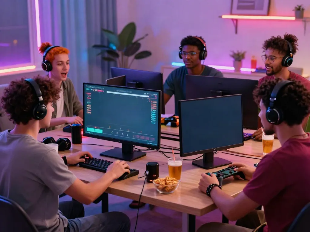 Gathering of friends enjoying an online gaming session at home, showcasing https://gem88.jpn.com/ vibrant atmosphere and interaction.