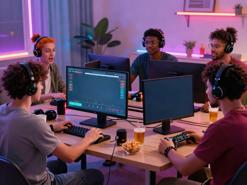 Gathering of friends enjoying an online gaming session at home, showcasing https://gem88.jpn.com/ vibrant atmosphere and interaction.