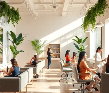 A luxurious hair salon in San Diego showcasing diverse clients enjoying haircuts and services in a stylish environment.