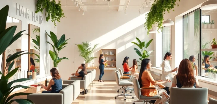 A luxurious hair salon in San Diego showcasing diverse clients enjoying haircuts and services in a stylish environment.