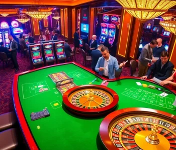 A dynamic scene showcasing gamblers at 32wincasino.com engaging with vibrant slot machines and poker games.