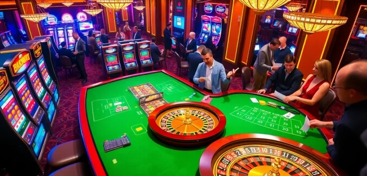 A dynamic scene showcasing gamblers at 32wincasino.com engaging with vibrant slot machines and poker games.