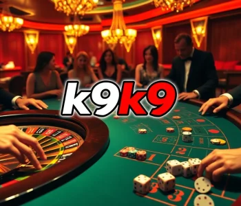 Exciting k9k9 casino scene with players betting at a roulette and blackjack table.