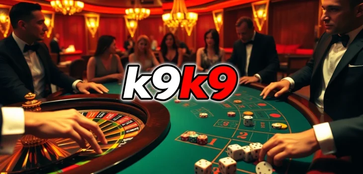 Exciting k9k9 casino scene with players betting at a roulette and blackjack table.