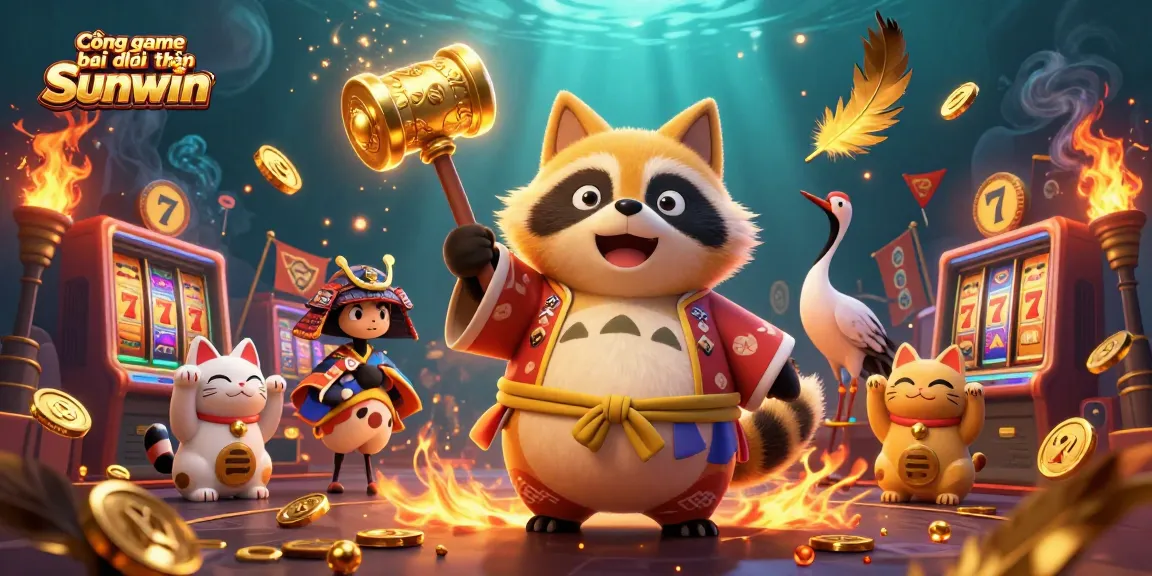 Cổng game bài đổi thưởng Sunwin features vibrant 3D characters celebrating in a casino scene filled with lucky symbols and rich visual effects.