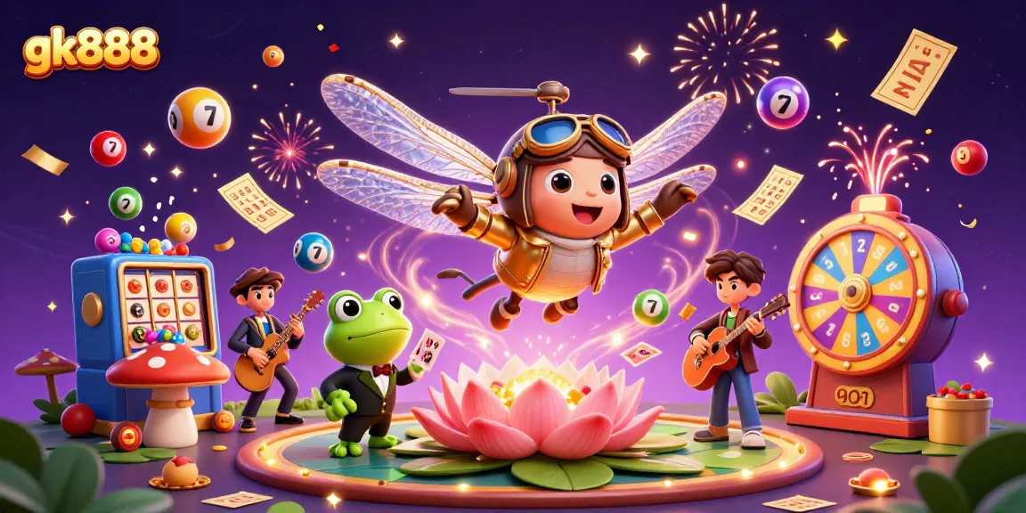 Engage with gk888 at a vibrant casino scene featuring a dragonfly pilot and frog dealer amidst lottery celebrations.